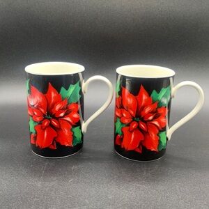 Pair of Dunoon Stoneware Scotland Poinsettia Design Coffee Cups